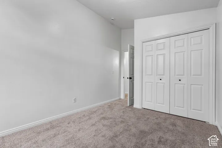 Vaulted ceilings, neutral carpeting, and a double-door closet with paneled detailing