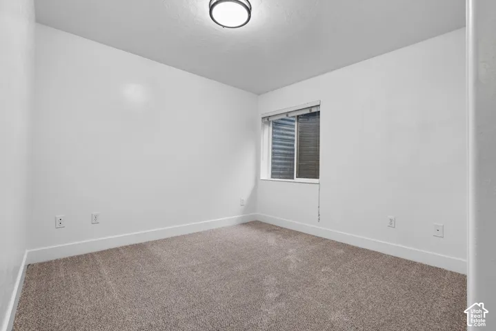 Neutral-toned carpeting, crisp white walls, sliding window with integrated blinds, and flush-mount overhead lighting