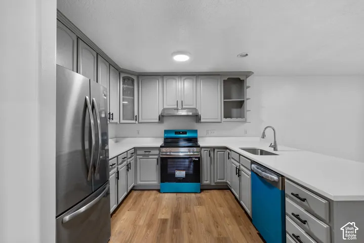 Kitchen featuring shaker-style grey cabinetry, solid-surface countertops, wood-finish flooring, stainless steel appliances, and a gooseneck faucet