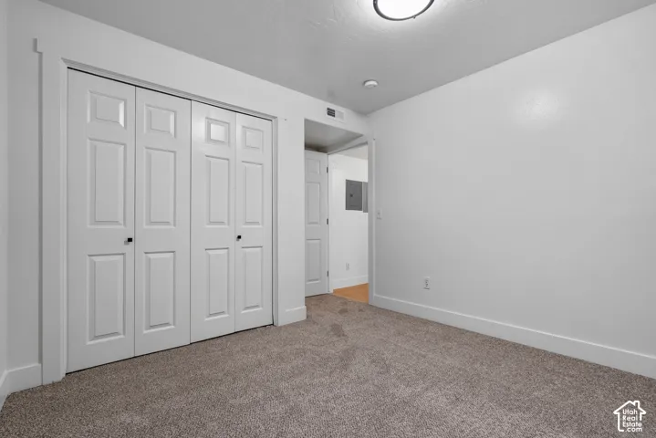 Neutral wall tones, wall-to-wall carpeting, and multi-panel bi-fold closet doors with matte black hardware
