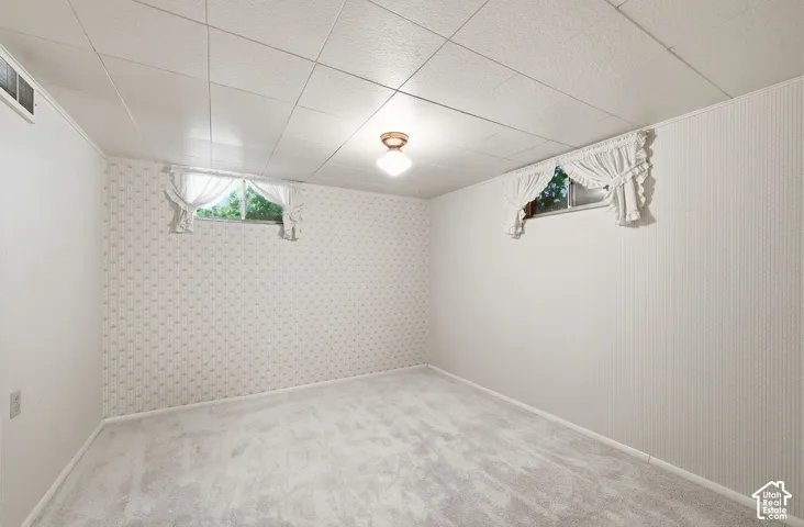 Interior room featuring textured wall covering, neutral carpeting, a drop-tile ceiling, and two high-set rectangular windows