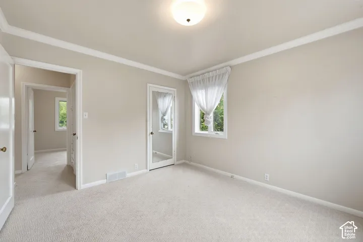 Neutral-toned interior featuring wall-to-wall carpeting, crown molding, a flush-mount ceiling light fixture, and a built-in mirrored door