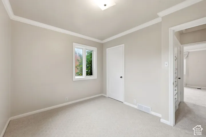 Neutral-toned interior featuring wall-to-wall carpeting, crown molding, a single-pane window with white trim, and a paneled interior door