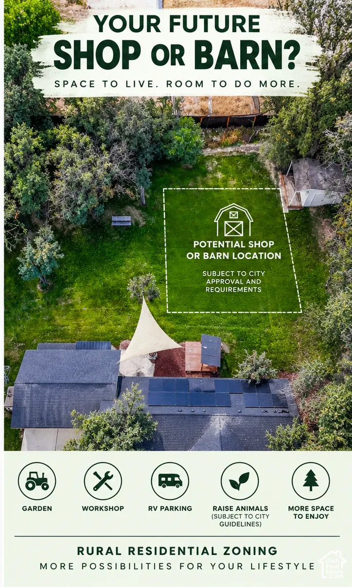 Property Marketing Brochure. Indicating the designated area on the property for potential outbuilding construction subject to municipal regulations