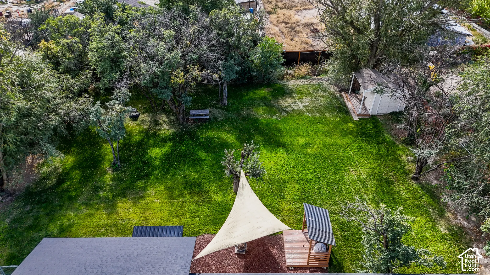 Expansive backyard featuring a manicured lawn, mature trees, and a shaded outdoor structure