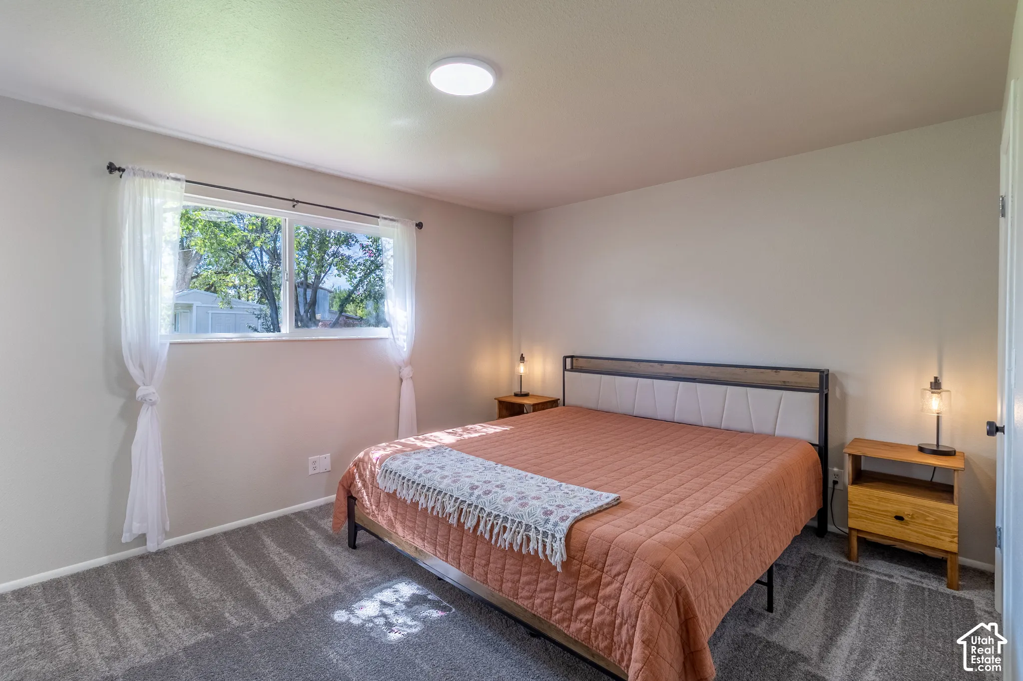 Carpeted flooring, recessed ceiling lighting, and a window with natural light