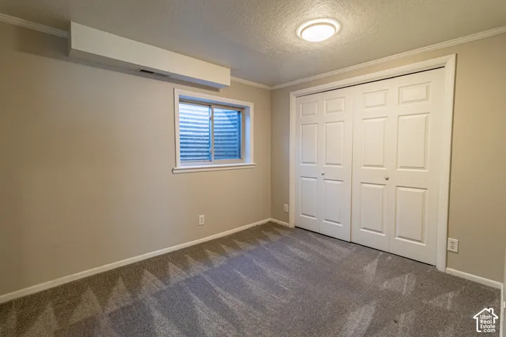 Neutral wall paint, patterned carpet flooring, bi-fold closet doors, and recessed window