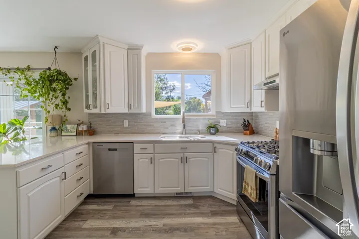White cabinetry with glass-front accents, stainless steel appliances, wood-finish flooring, and a tile backsplash