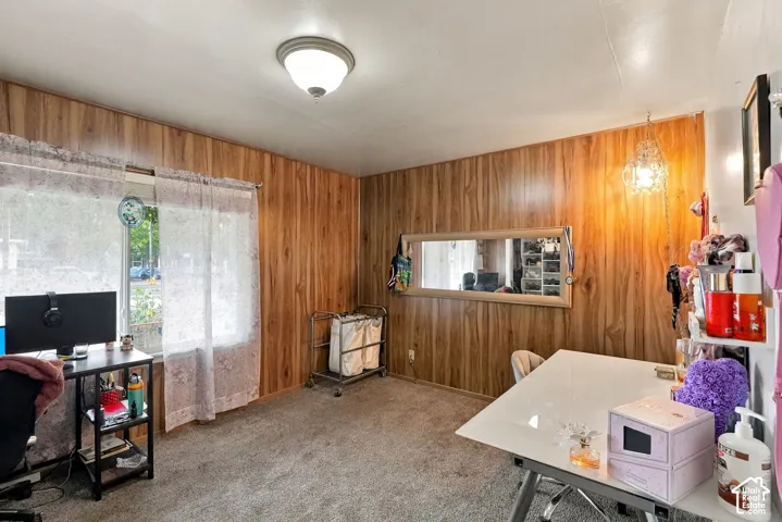 Wood-paneled walls, neutral carpeting, flush-mount dome lighting, and a large horizontal wall-mounted mirror
