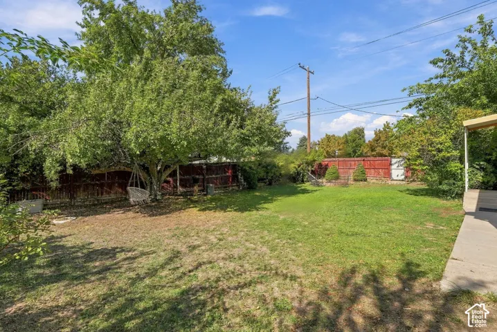 Expansive backyard featuring a large grass lawn, mature trees, wood privacy fencing, and a concrete patio