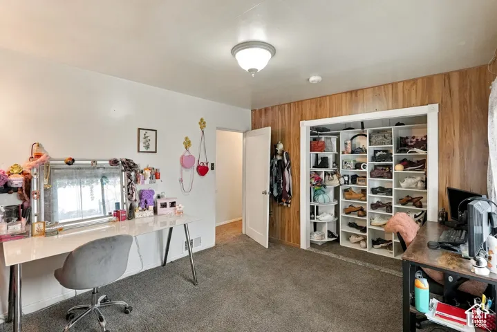 Wood-panelled accent wall featuring a built-in closet system with adjustable shelving and recessed storage, neutral wall-to-wall carpeting, and a central flush-mount ceiling light fixture