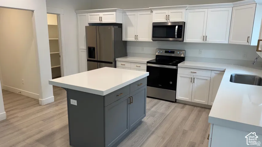 Modern kitchen featuring white cabinetry, a gray island with a light-toned countertop, stainless steel appliances, and light wood-finish flooring