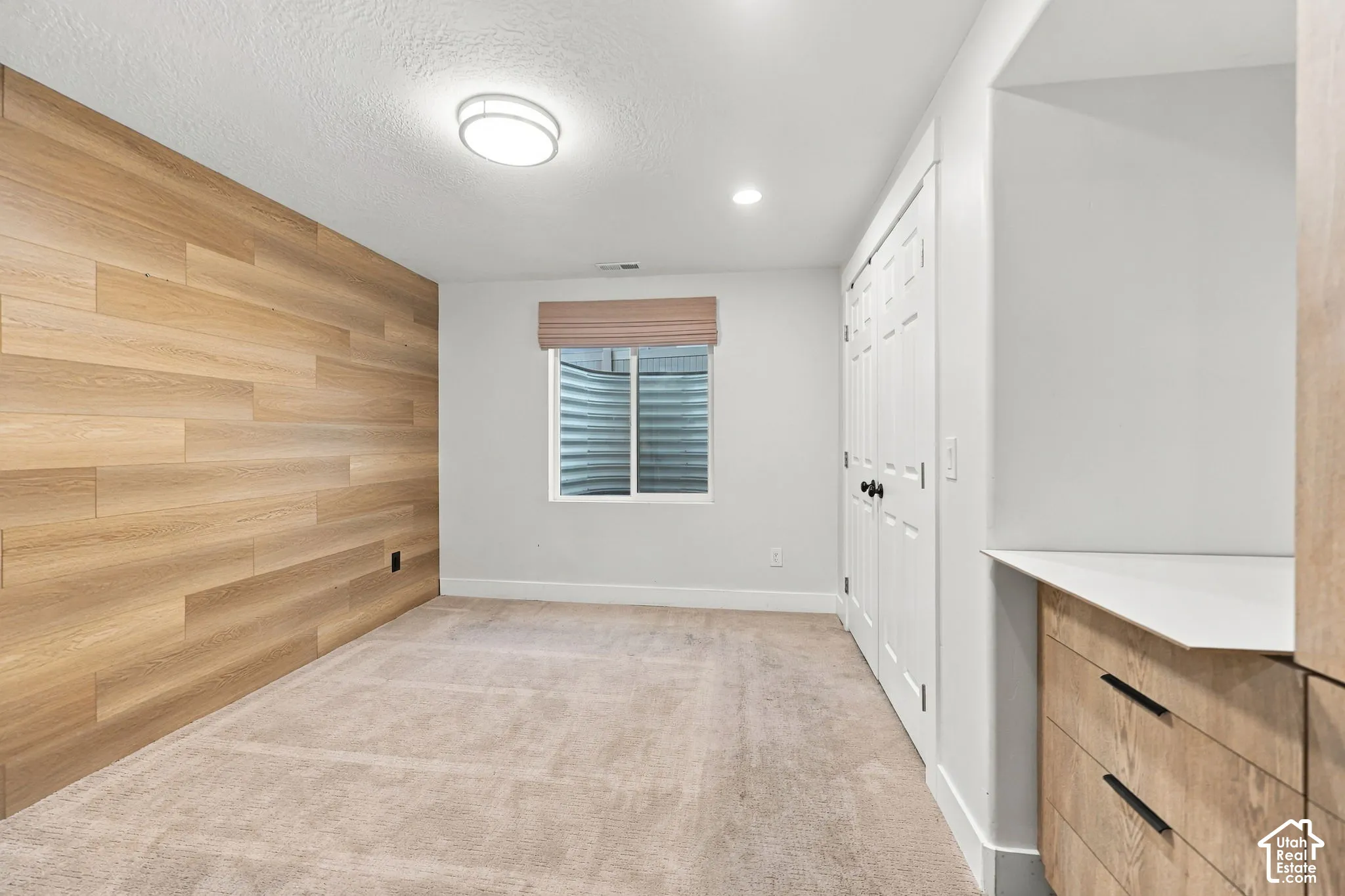 Accent wall featuring light wood-finish planking, integrated built-in cabinetry with stone-surface countertop, and carpeted flooring
