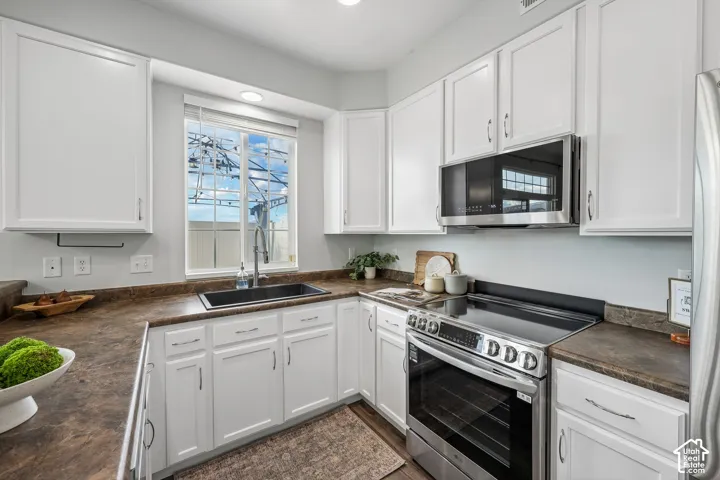 Kitchen featuring white shaker-style cabinetry, dark-toned laminate countertops, a dual-basin composite sink, recessed lighting, and stainless steel appliances