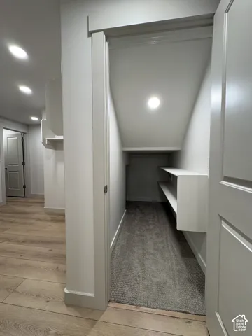 Under-stair storage space featuring integrated shelving, recessed lighting, and carpeted flooring