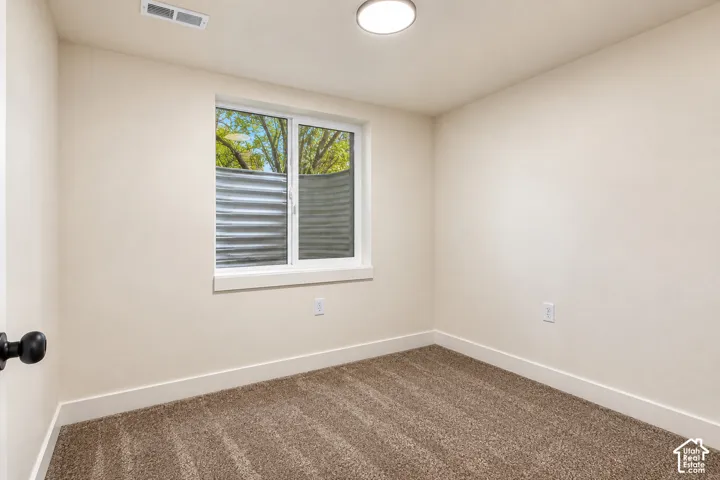 Neutral wall paint, textured carpeting, window with egress well, and ceiling-mounted light fixture