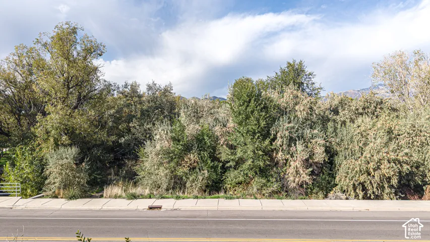 Lot featuring mature trees, native landscaping, and mountain backdrop with paved street access and concrete sidewalk
