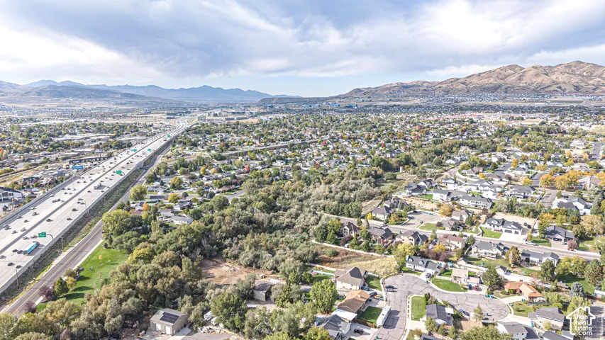 Aerial perspective featuring mature trees, a suburban street layout, and a prominent mountain range backdrop