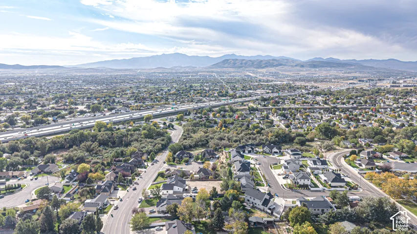 Aerial perspective of a suburban neighborhood featuring mature tree-lined streets, residential cul-de-sacs, and a prominent mountain range backdrop