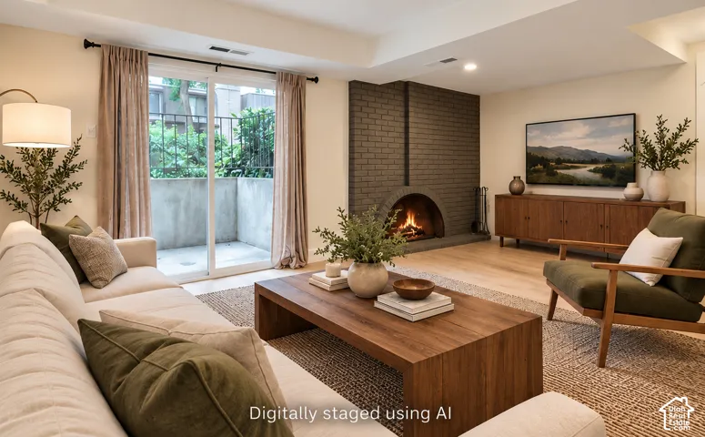 Living area featuring wood-finish flooring, a floor-to-ceiling brick fireplace with an arched firebox, and a sliding glass door providing external access