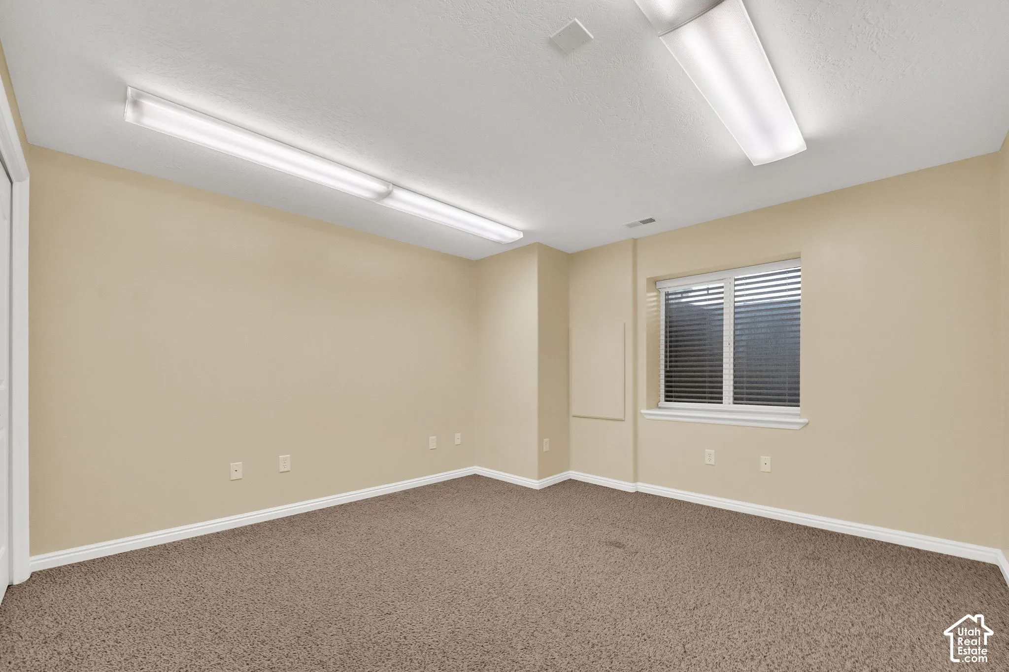 Neutral-toned interior featuring wall-to-wall carpeting, dual overhead fluorescent light fixtures, and a single-pane window with integrated blinds