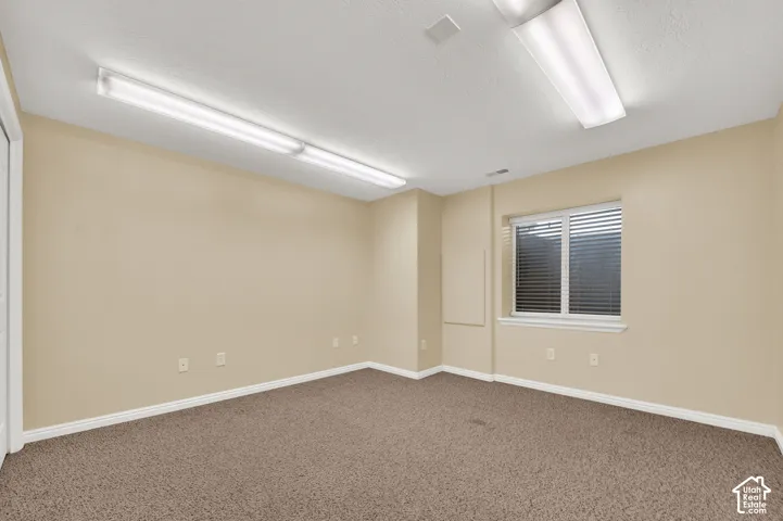 Neutral-toned interior featuring wall-to-wall carpeting, dual overhead fluorescent light fixtures, and a single-pane window with integrated blinds