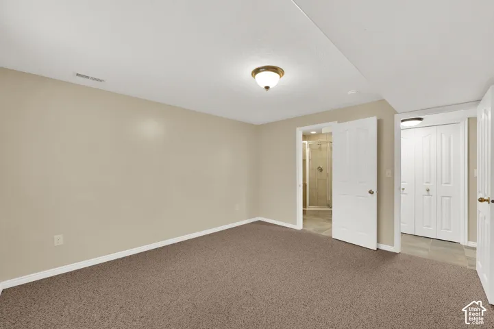 Neutral-toned interior space featuring carpeted flooring, flush-mount lighting, two-panel interior doors, and closet storage with folding doors