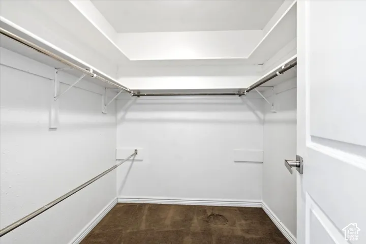 Walk-in closet featuring multi-level built-in shelving, dual metal clothing rods, and carpeting