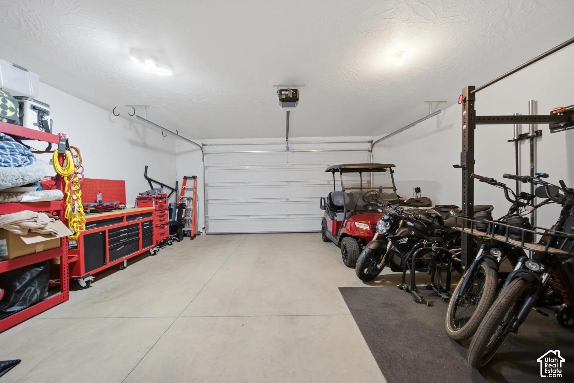 Multi-car garage featuring a concrete floor, automated overhead door, and dual ceiling-mounted light fixtures