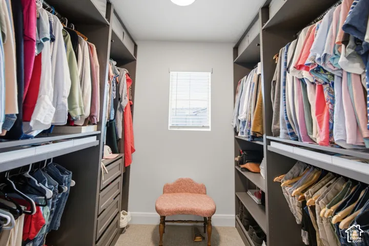 Walk-in closet featuring custom built-in dark cabinetry, integrated shelving units, tiered hanging rods, and a window with neutral-toned blinds