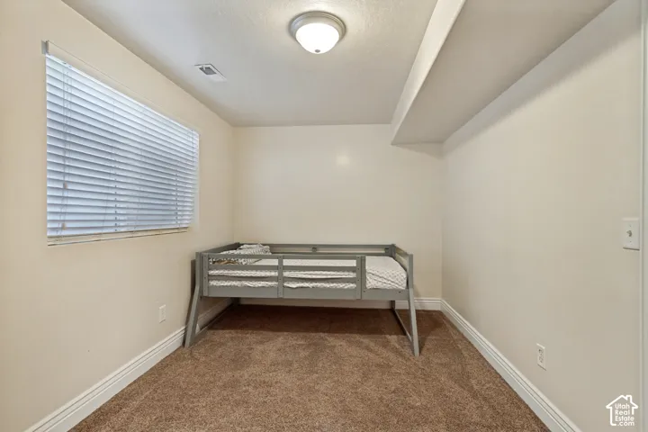 Carpeted room featuring a single window with blinds and a flush mount ceiling light