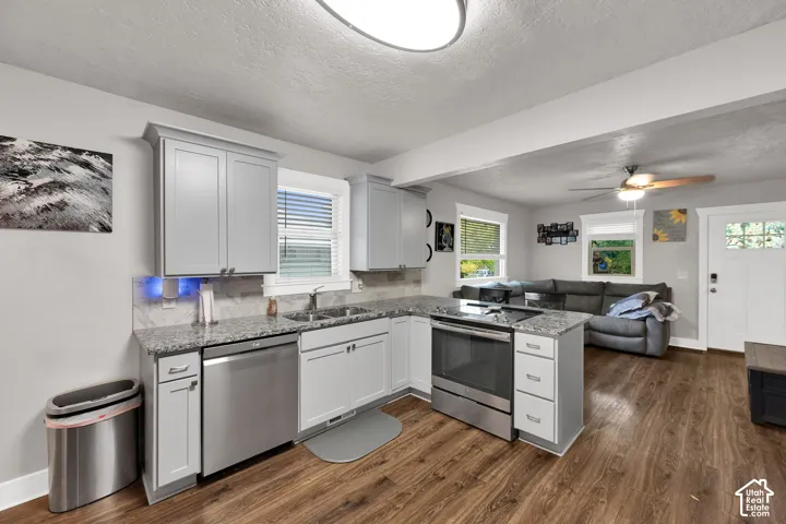 Kitchen featuring light gray Shaker-style cabinetry, stone-patterned countertops, stainless steel appliances, wood-finish flooring, and a ceiling fan