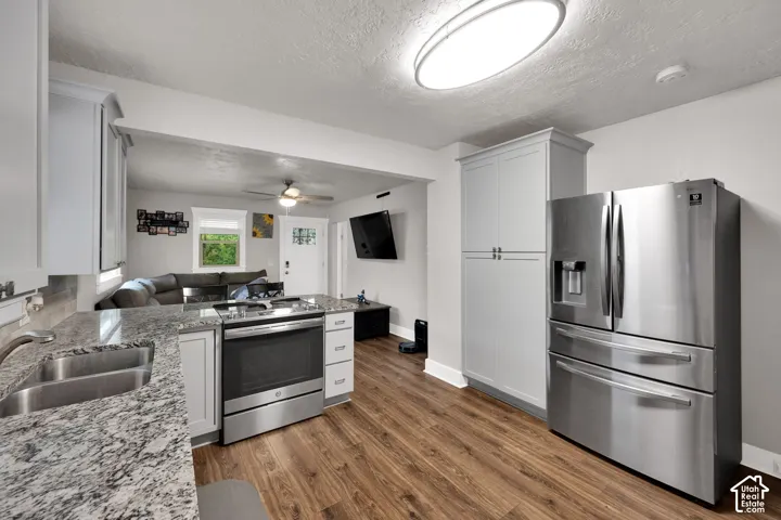Kitchen featuring stone countertops, stainless steel appliances, wood-finish flooring, shaker-style cabinetry, and a double-basin under-mount sink