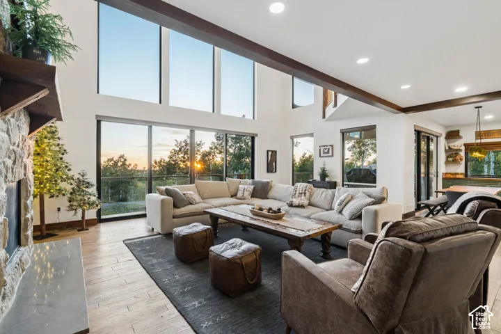 Soaring ceilings with exposed wood beams