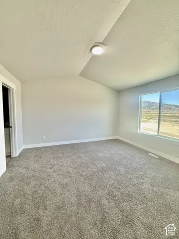 Vaulted ceiling featuring a central flush-mount light fixture, neutral wall finishes, wall-to-wall carpeting, and a large window showcasing a mountain landscape