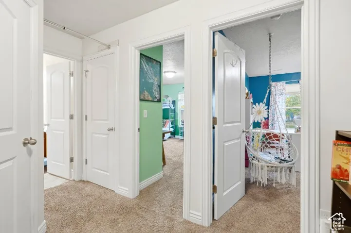 Interior hallway featuring beige carpeting, three white multi-panel doors with chrome-finish hardware, and crisp white trim