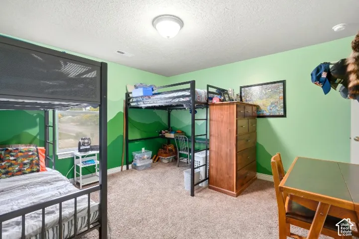 Bedroom featuring wall-to-wall carpeting, a single-pane window, and a central flush-mount ceiling light fixture