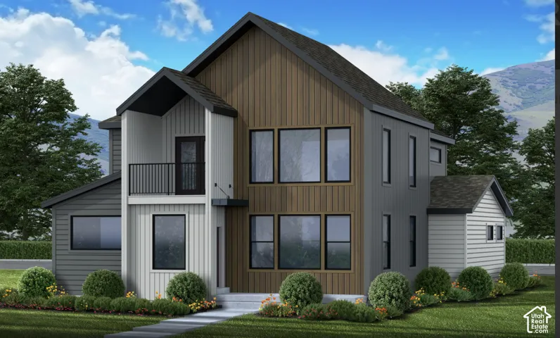 Modern two-story exterior featuring multi-material siding, gabled rooflines, large rectangular windows, and a private upper-level balcony with metal railing