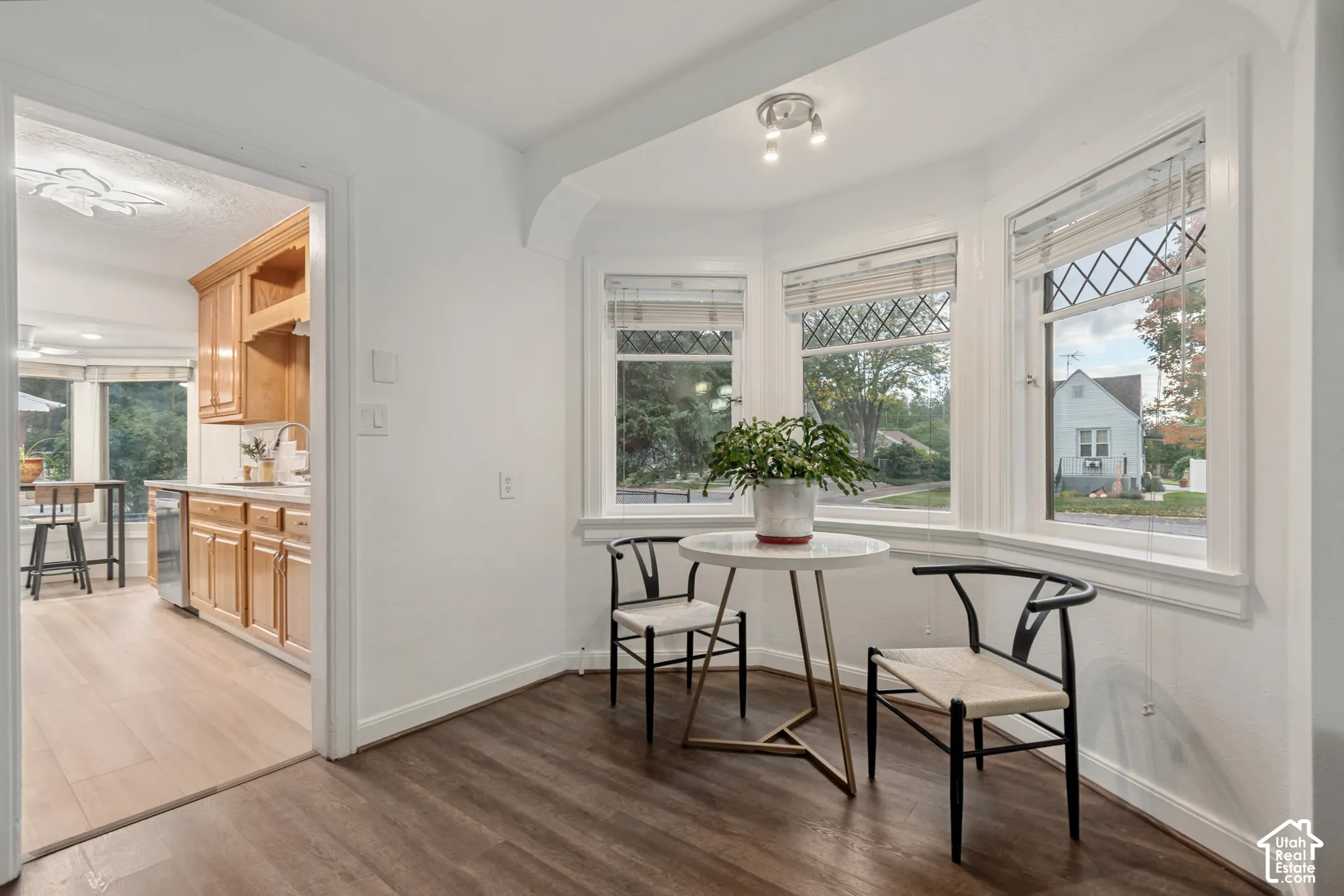 Bay window with diamond-pane glass detailing, wood-finish flooring, and multi-directional track lighting