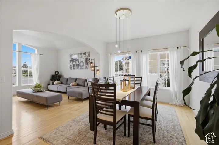 Open-concept interior featuring light wood-finish flooring, multi-pane windows, a recessed archway, and a contemporary multi-globe pendant light fixture