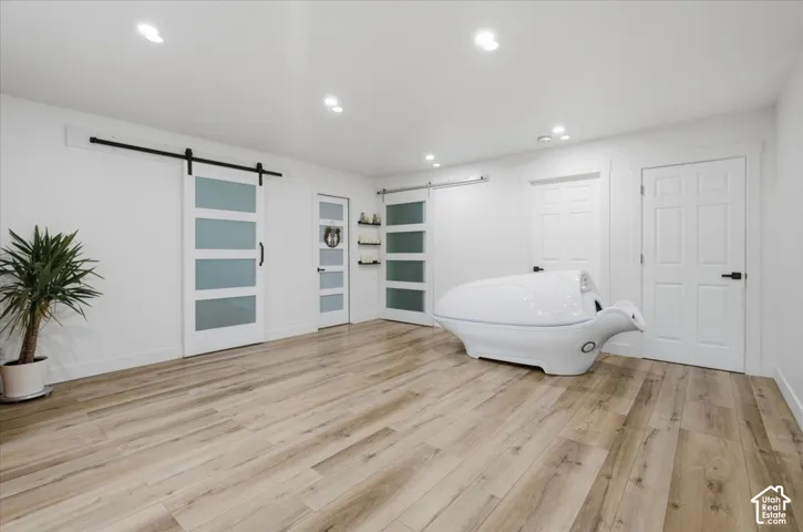 Wood-finish flooring, recessed lighting, and multiple sliding barn-style doors with frosted glass panels