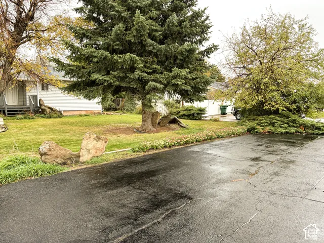 Front exterior featuring an asphalt driveway, established lawn, mature evergreen and deciduous trees, and natural boulder landscaping