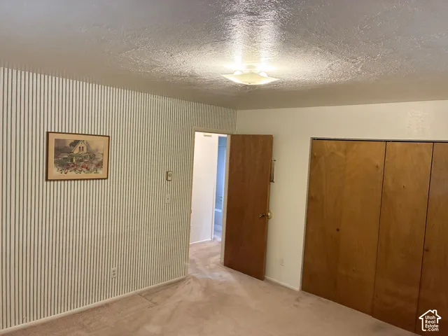 Room featuring textured ceiling, flush-mount lighting, striped wall treatment, carpeted flooring, and wood-finish closet doors