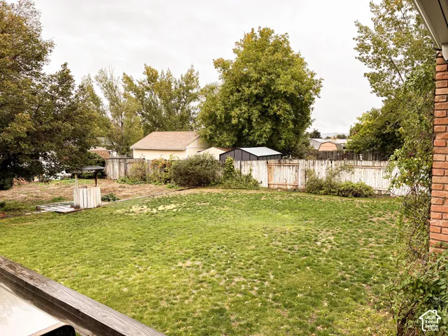 Expansive backyard featuring a fenced perimeter, mature trees, and an open grass area