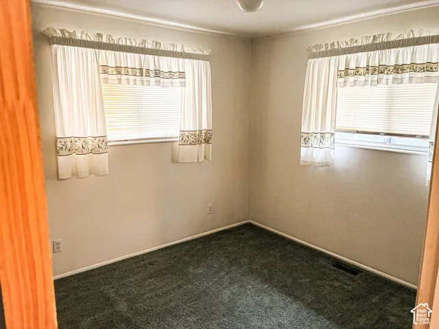 Neutral-toned interior room featuring wall-to-wall carpeting and dual windows with horizontal blinds