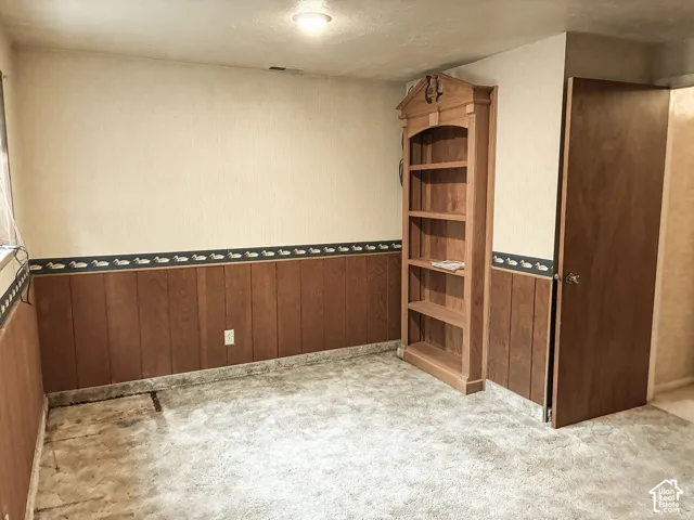 Built-in floor-to-ceiling wood shelving unit featuring a decorative arched pediment, half-wall wood paneling, and a wood-finish interior door