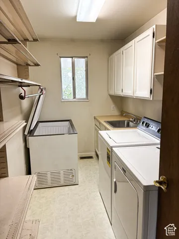 Utility space featuring white cabinetry, a stainless steel basin sink, laminate countertops, wall-mounted wire shelving, and overhead fluorescent lighting