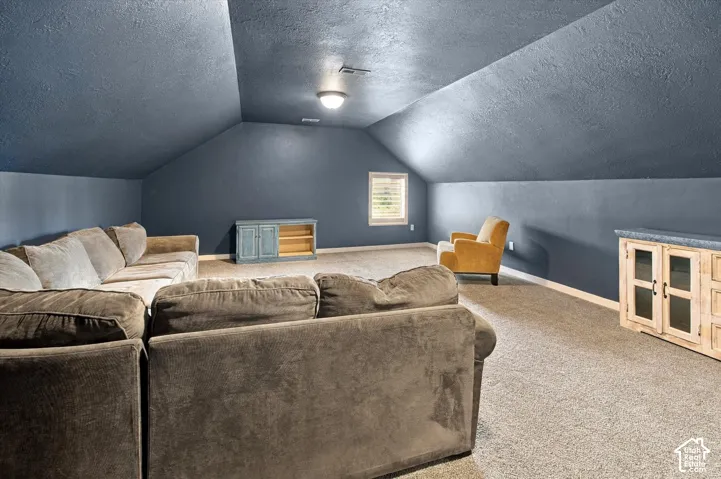 Expansive room featuring vaulted ceilings, neutral carpeting, and built-in cabinetry with stone-finish countertops