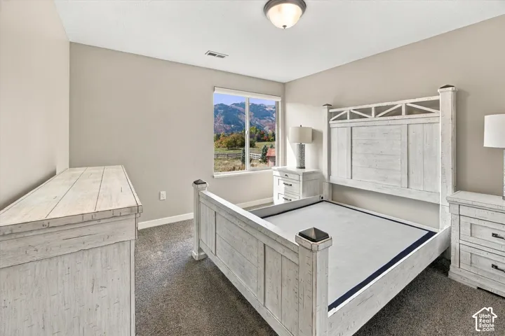 Neutral-toned interior room featuring wall-to-wall carpeting, a flush-mount ceiling light fixture, and a large window showcasing mountain scenery