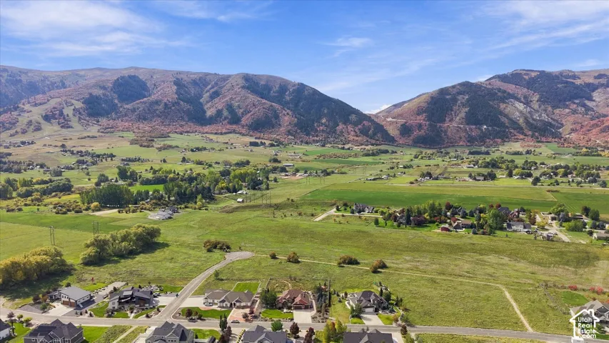 Aerial perspective of expansive acreage featuring paved road access, manicured residential lots, surrounding open pastureland, and a backdrop of prominent mountain terrain